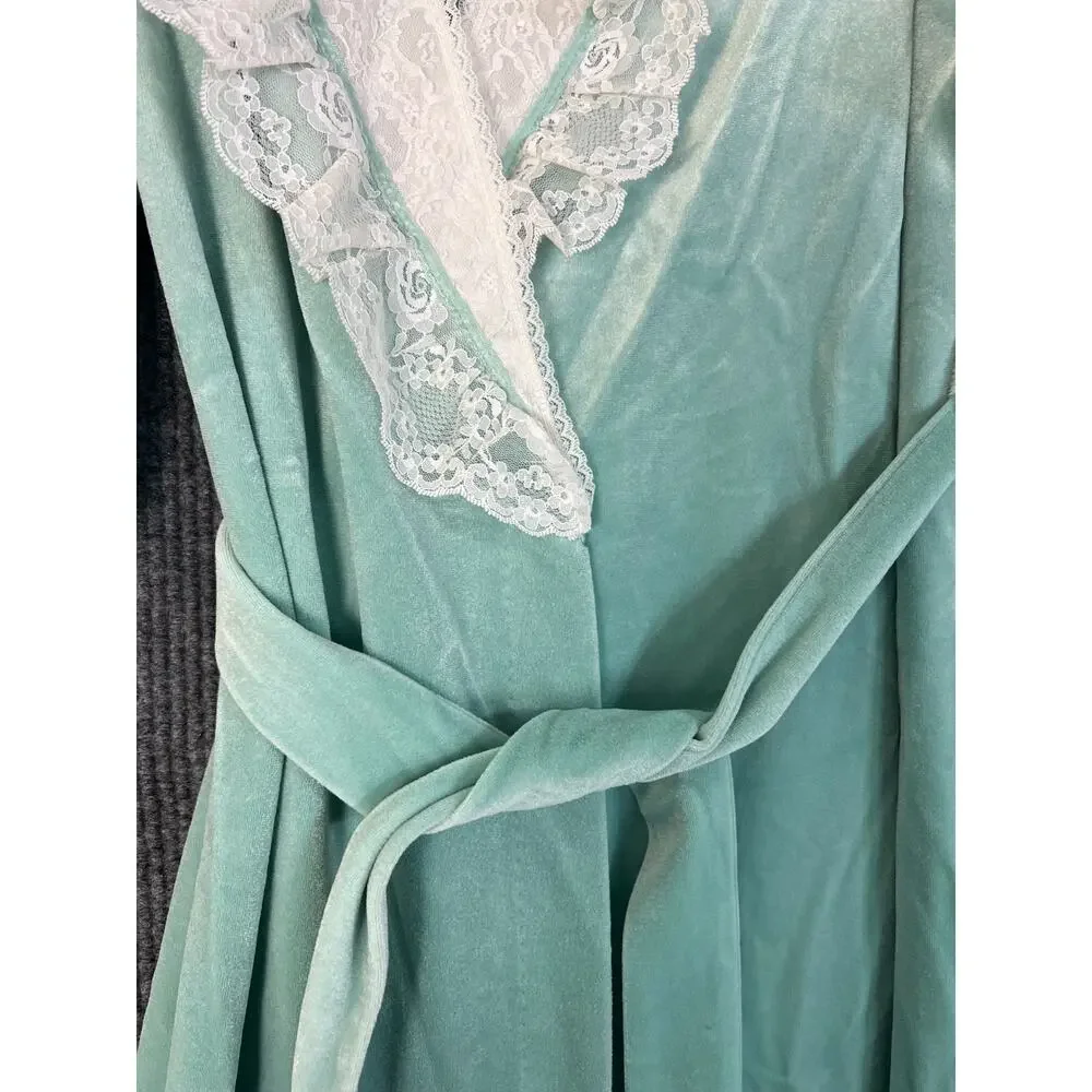 Vintage Maggie McQuade Mint Green Velvet Robe Long Lace Trim Dressing Gown Small